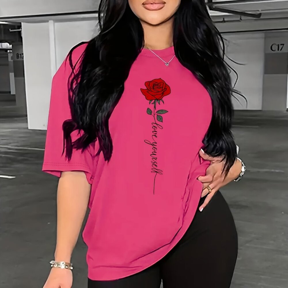 Rose Print Two Piece Set, Short Sleeve Crew Neck T-shirt & Short Leggings